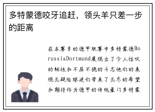 多特蒙德咬牙追赶，领头羊只差一步的距离