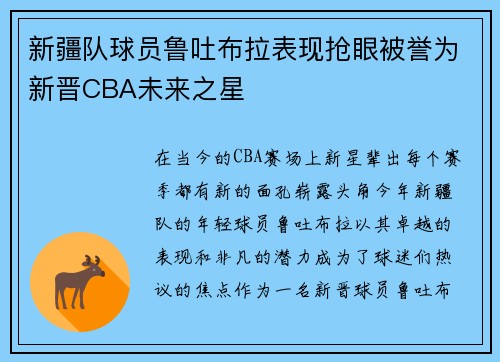 新疆队球员鲁吐布拉表现抢眼被誉为新晋CBA未来之星