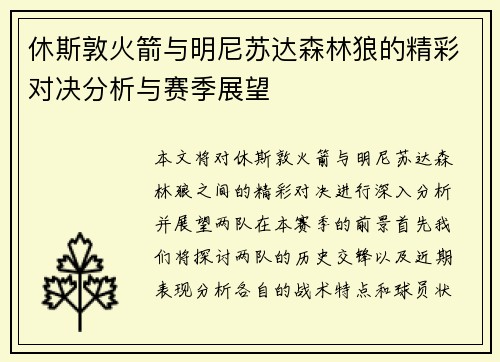 休斯敦火箭与明尼苏达森林狼的精彩对决分析与赛季展望