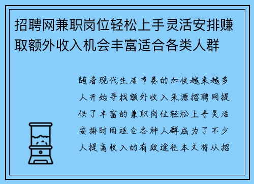 招聘网兼职岗位轻松上手灵活安排赚取额外收入机会丰富适合各类人群