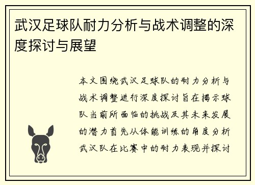 武汉足球队耐力分析与战术调整的深度探讨与展望