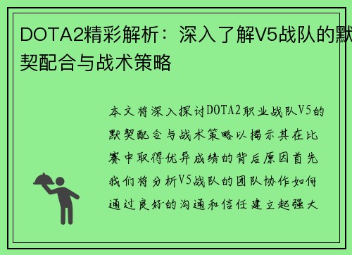 DOTA2精彩解析：深入了解V5战队的默契配合与战术策略