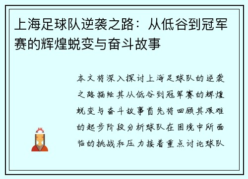 上海足球队逆袭之路：从低谷到冠军赛的辉煌蜕变与奋斗故事