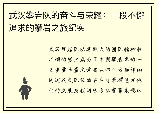 武汉攀岩队的奋斗与荣耀：一段不懈追求的攀岩之旅纪实